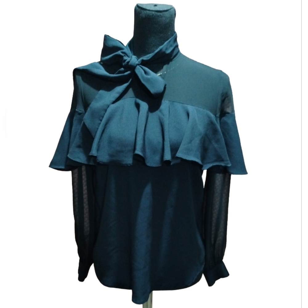 New York & Company Long-sleeved, black ruffle blouse with a bow tie neck.